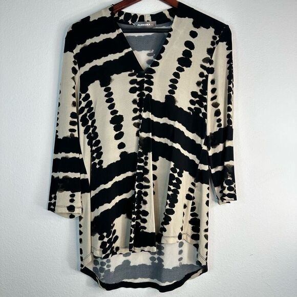 Alembika Womens Abstract Mod Print Hi-Low Top Small Boho Artsy Lagenlook - Picture 1 of 10